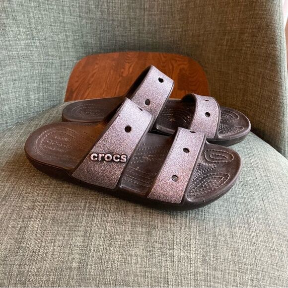 CROCS Classic Glitter 2 Strap Slide Sandal Womens Sz 10 Slip On Black / Silver! - Picture 5 of 12